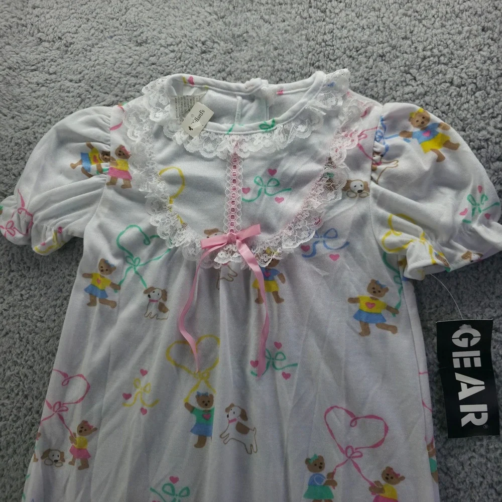 Kid Duds Vintage Girls Nightgown Size 6 White Bear Puppy Lace Ruffle 90s